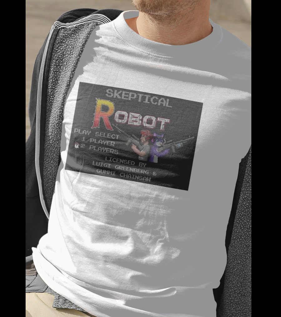 Skeptical Robot Play Select Luigi Greenberg Gummi Chainsaw T-Shirt