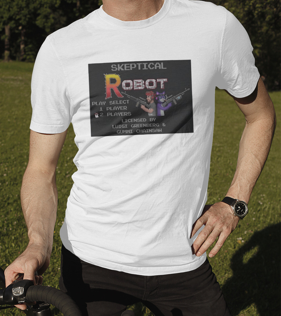 Skeptical Robot Play Select Luigi Greenberg Gummi Chainsaw T-Shirt