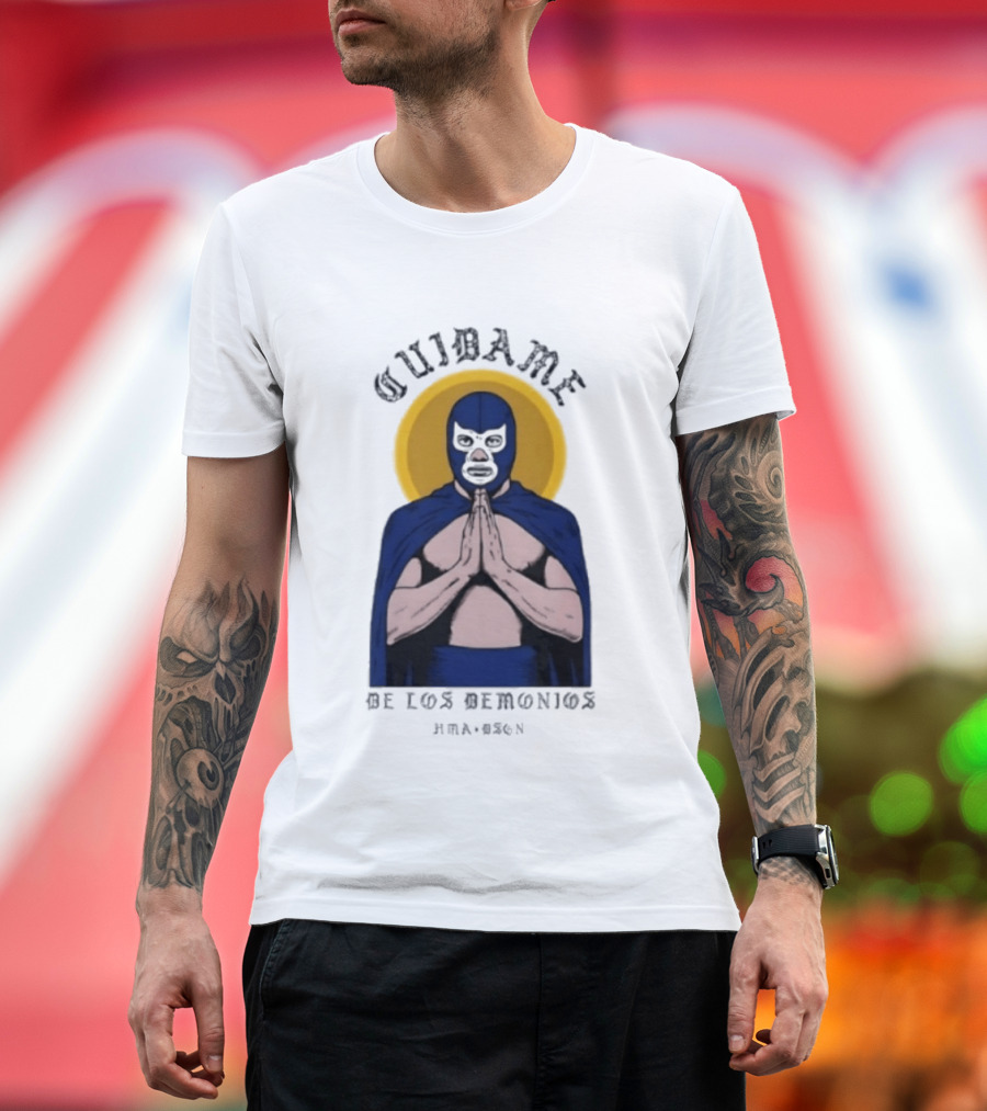 Cuidame De Los Demonios Original Blue Demon Luchador Praying Hands T-Shirt