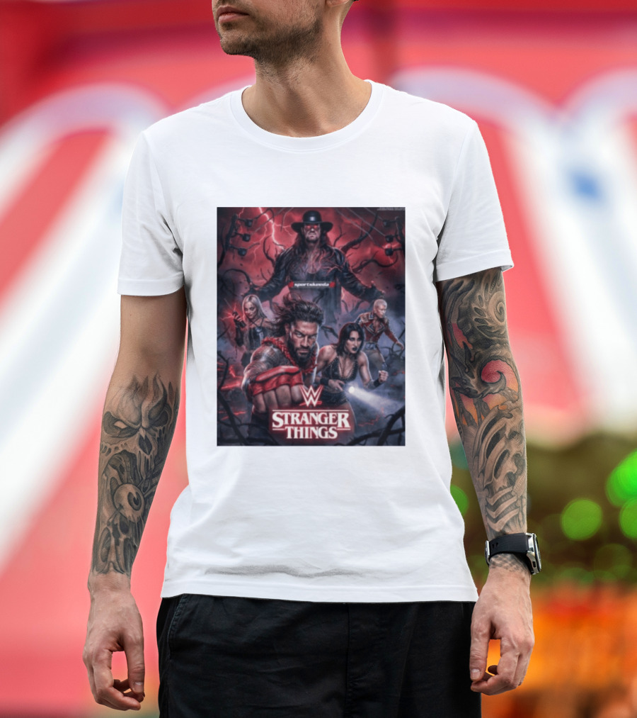 WWE And Stranger Things Crossover With The Undertaker, Roman Reigns, Cody Rhodes, Rhea Ripley, And Liv Morgan T-Shirt