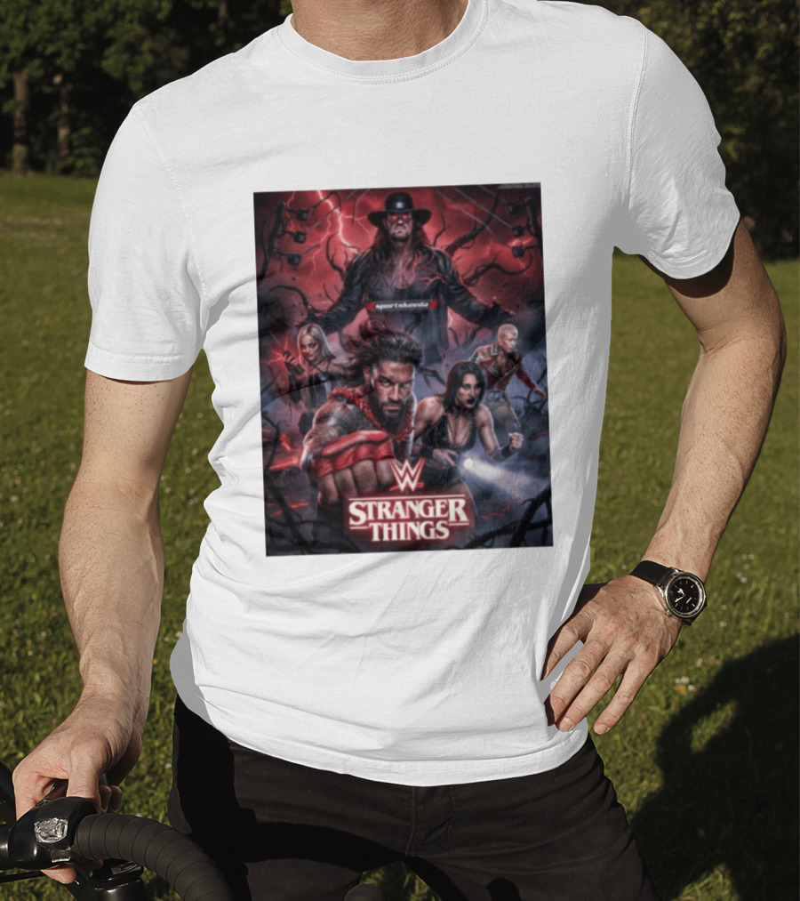 WWE And Stranger Things Crossover With The Undertaker, Roman Reigns, Cody Rhodes, Rhea Ripley, And Liv Morgan T-Shirt