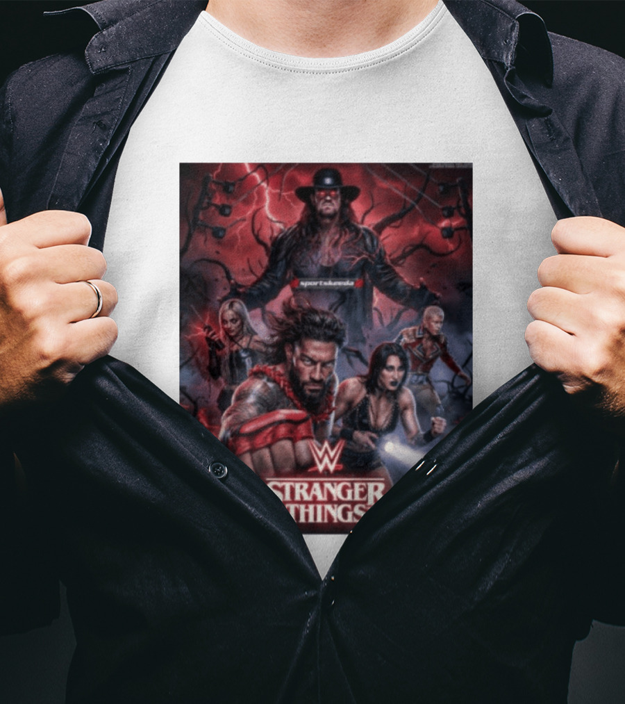 WWE And Stranger Things Crossover With The Undertaker, Roman Reigns, Cody Rhodes, Rhea Ripley, And Liv Morgan T-Shirt