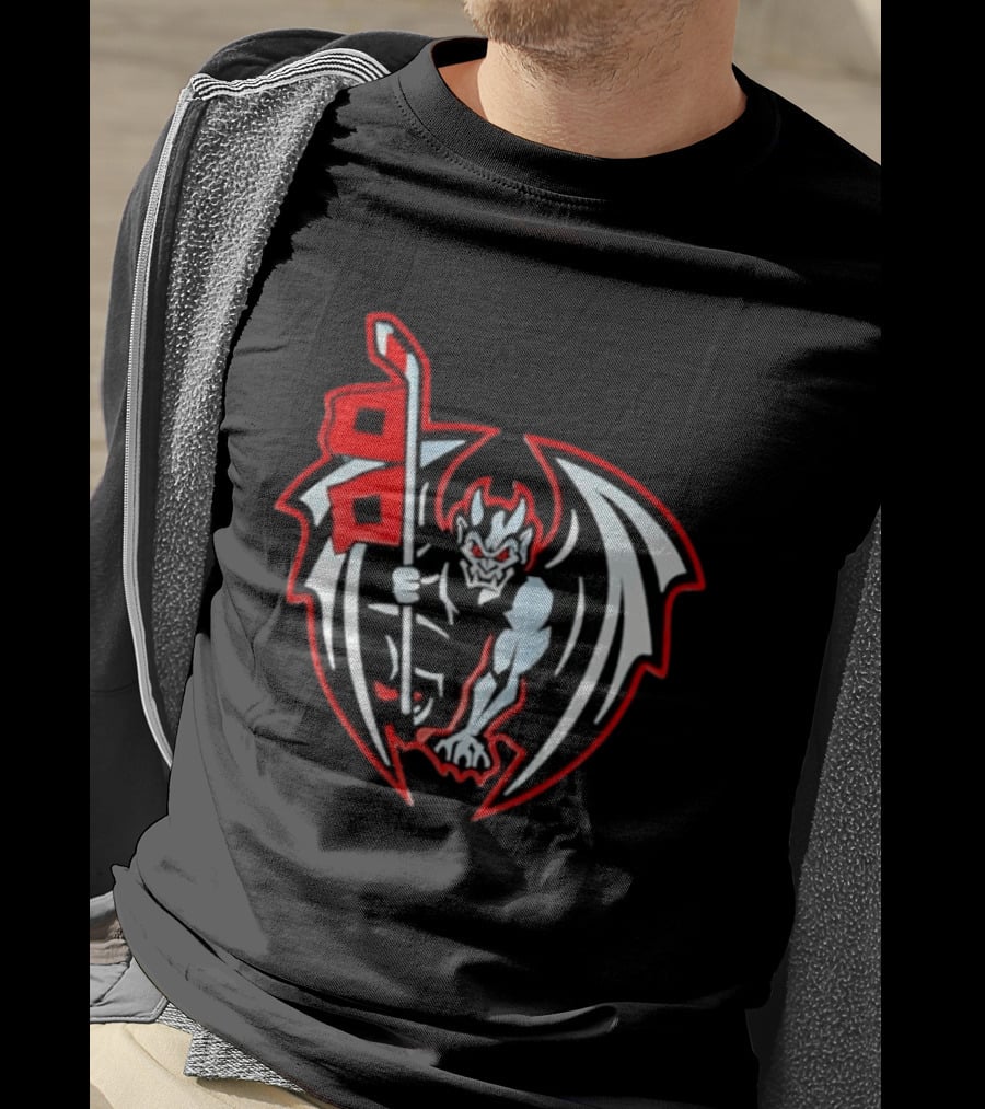 Greensboro Gargoyles Hockey Team Winged Gargoyle Holding Hockey Stick With Red Flag T-Shirt