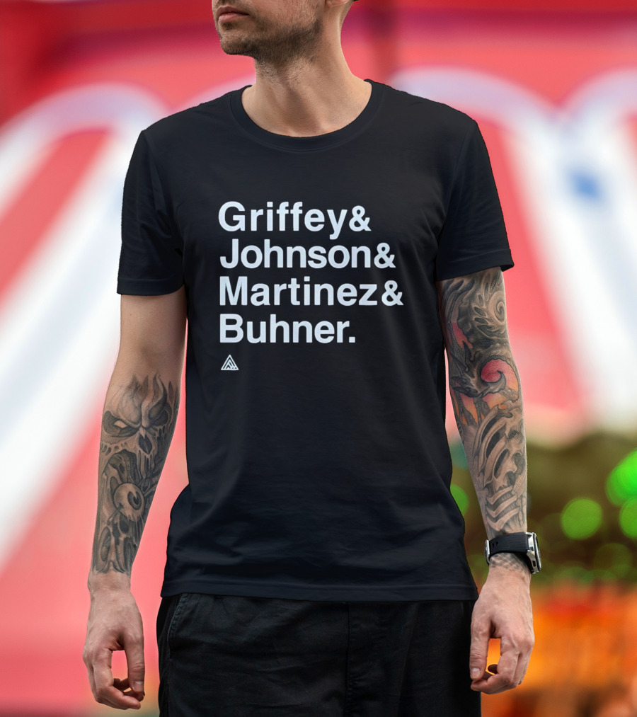 Griffey Johnson Martinez Buhner White Sans Serif Text Triangular T-Shirt