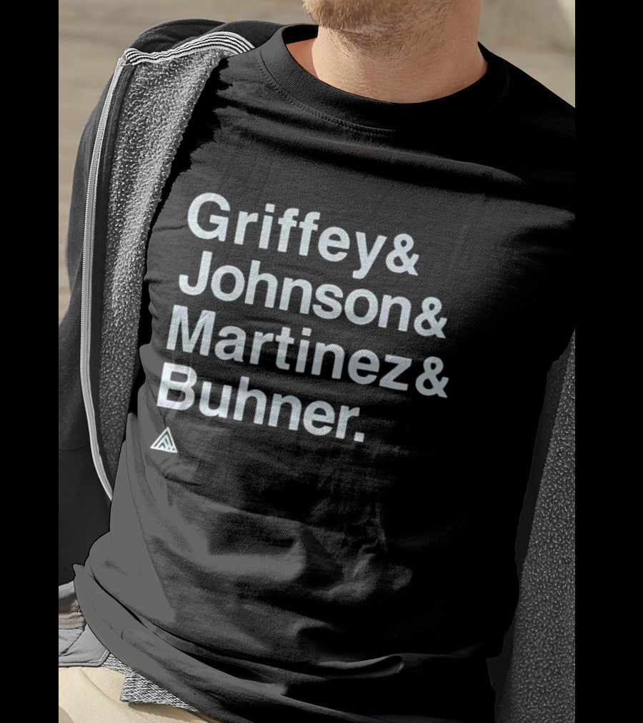 Griffey Johnson Martinez Buhner White Sans Serif Text Triangular T-Shirt
