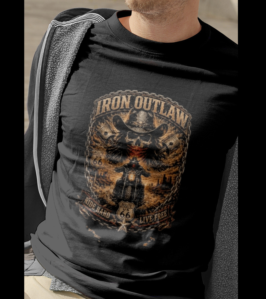 Iron Outlaw Cowboy Skull Motorcycle Route 66 Ride Hard Live Free T-Shirt