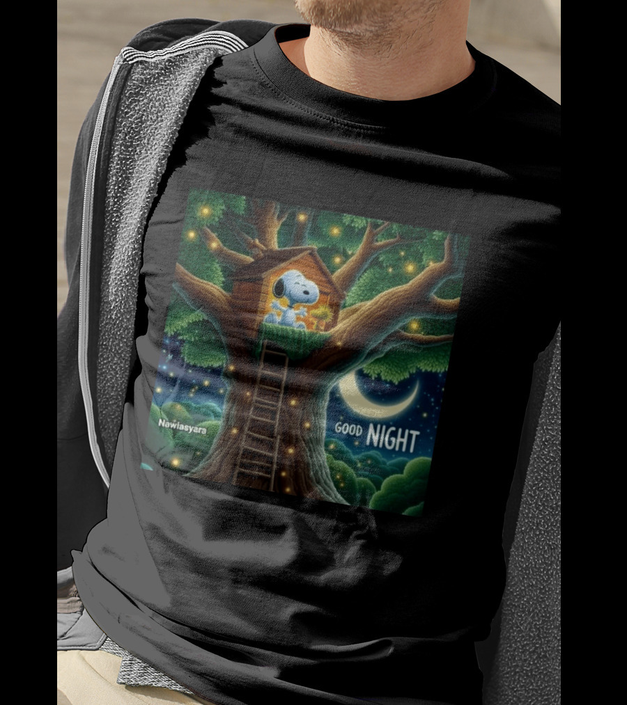 Leave A Heart If You Love Snoopy Good Night Treehouse Moonlit Scene T-Shirt