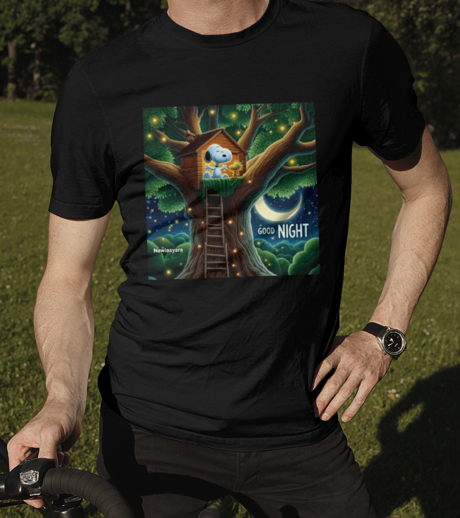 Leave A Heart If You Love Snoopy Good Night Treehouse Moonlit Scene T-Shirt