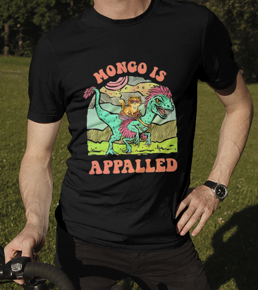 Mongo Is Appalled Cat Riding Dinosaur Raptor T-Shirt