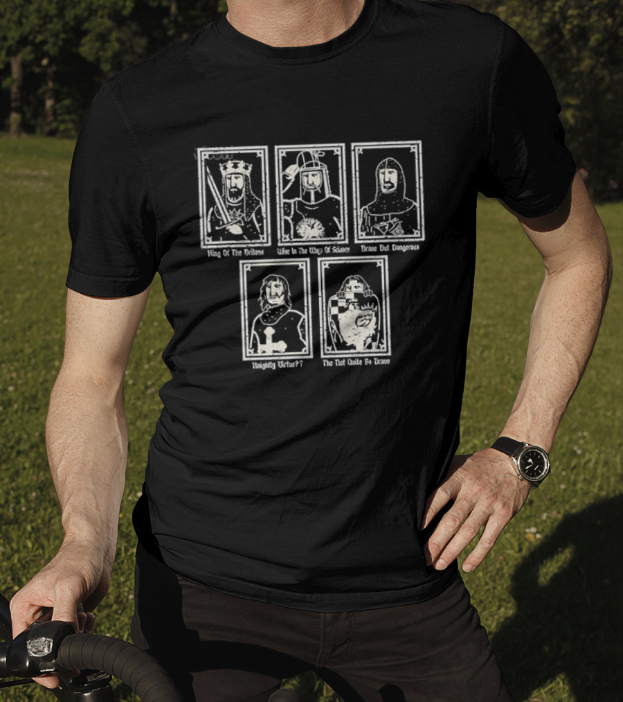 Monty Python And The Holy Grail King Arthur Sir Bedevere Sir Lancelot Patsy Black Knight T-Shirt