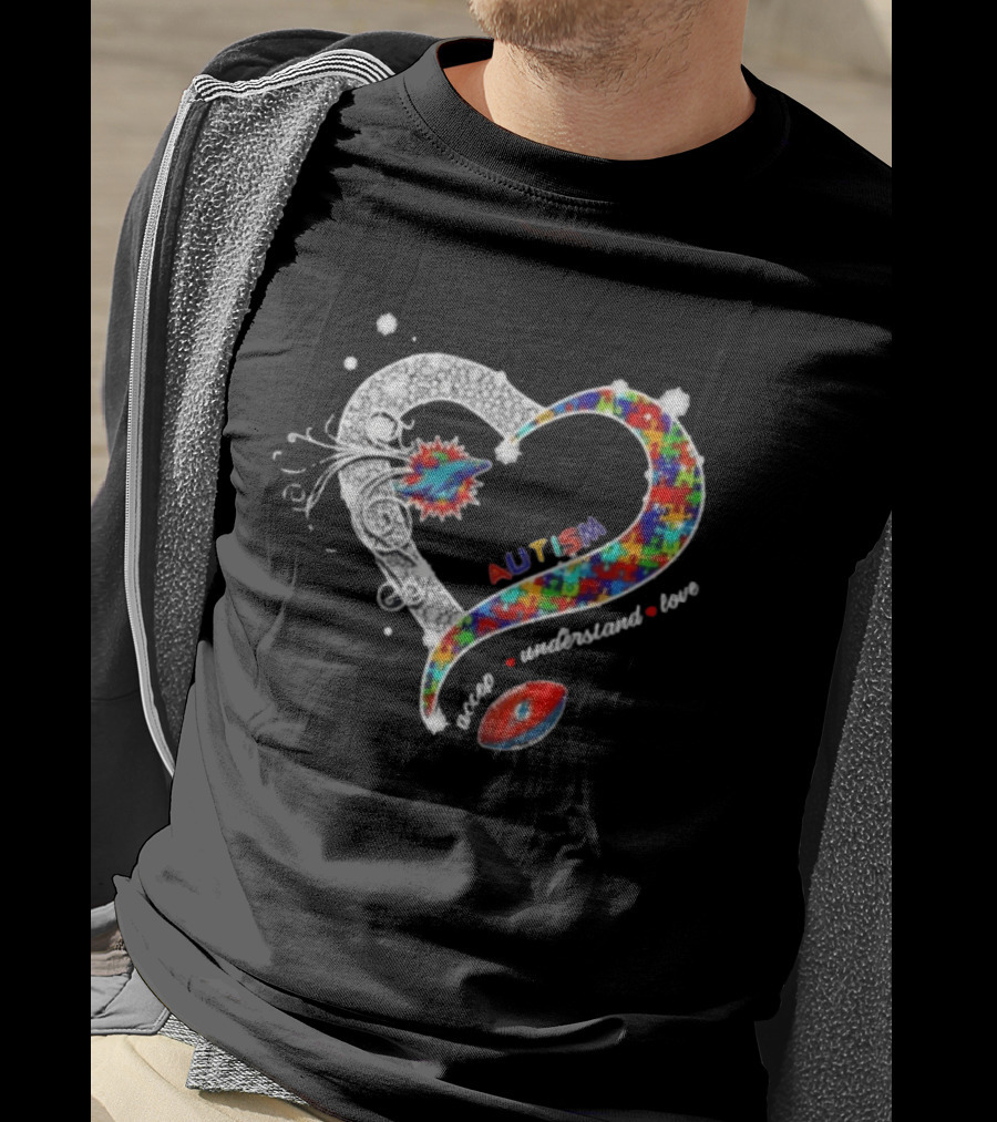 Miami Dolphins Autism Accept Understand Love Heart Diamond Puzzle T-Shirt