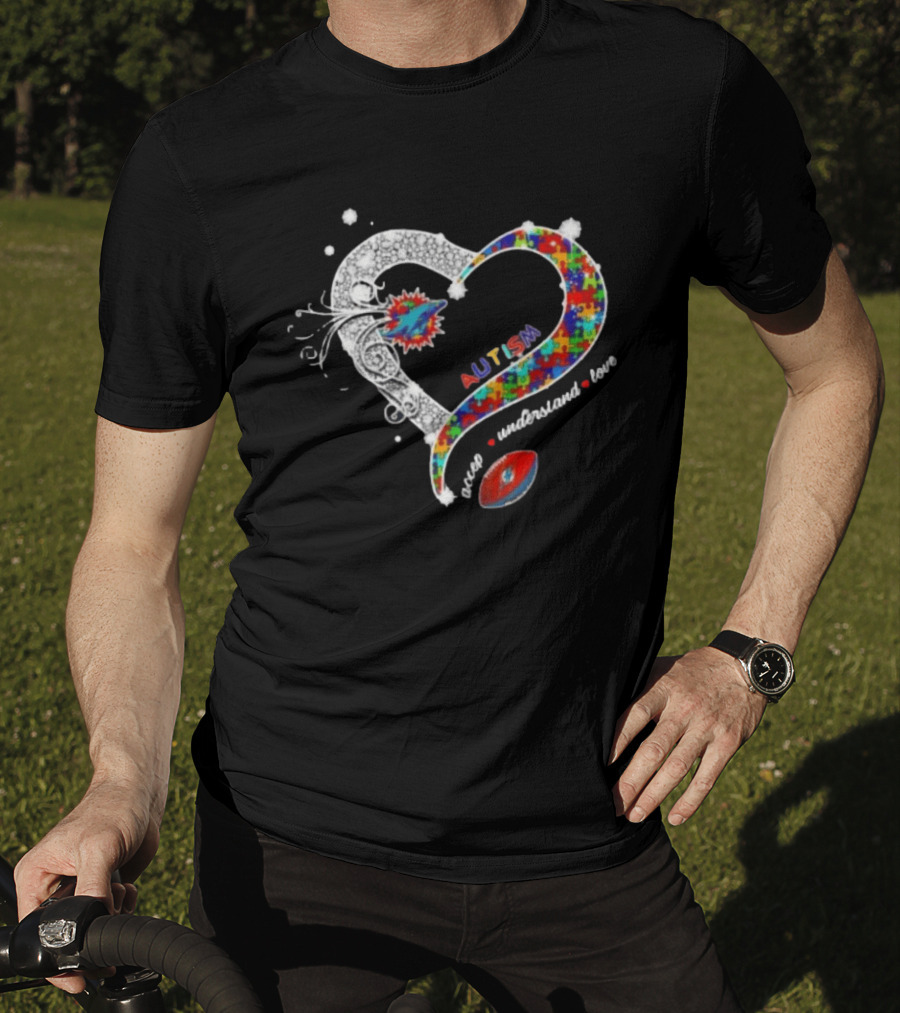 Miami Dolphins Autism Accept Understand Love Heart Diamond Puzzle T-Shirt