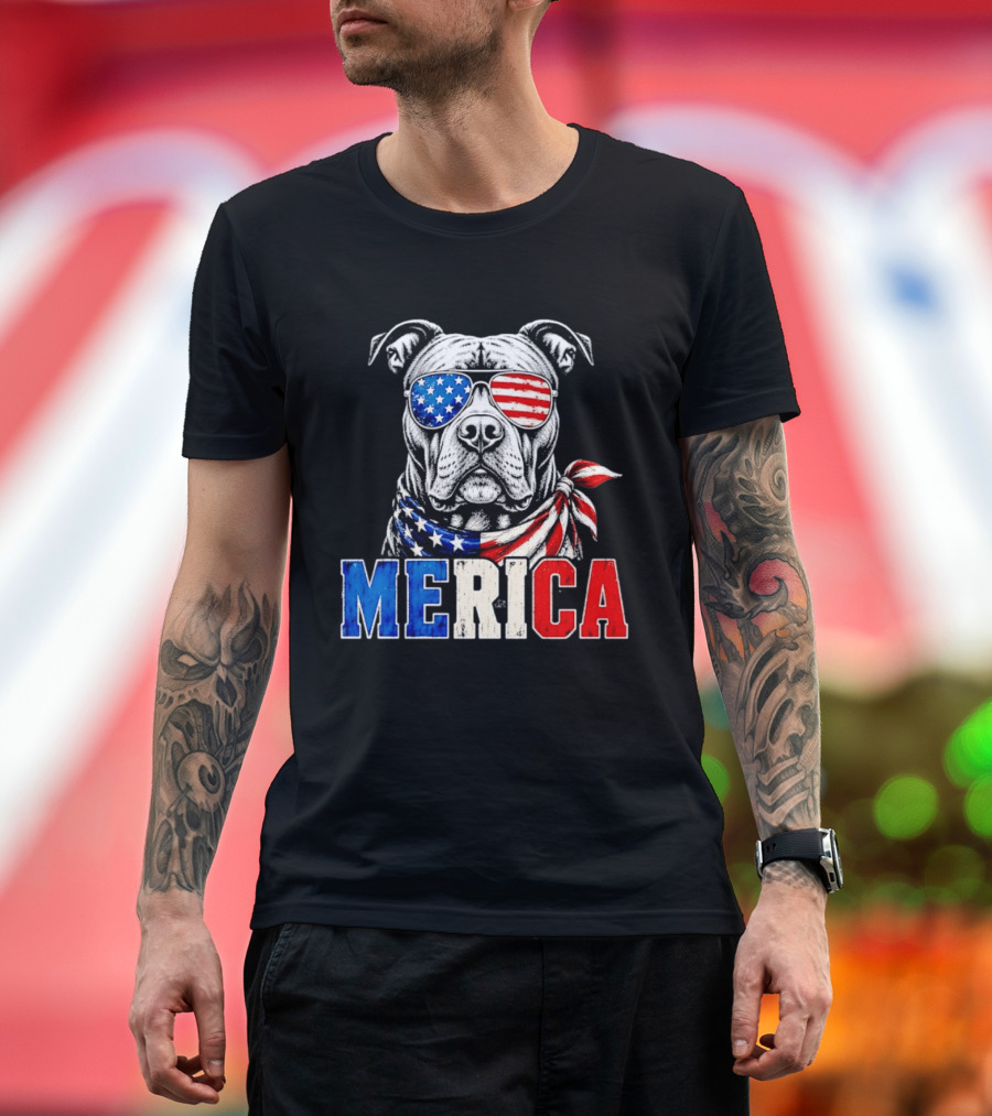 Patriotic Pit Bull Merica Dog With American Flag Sunglasses And Bandana T-Shirt