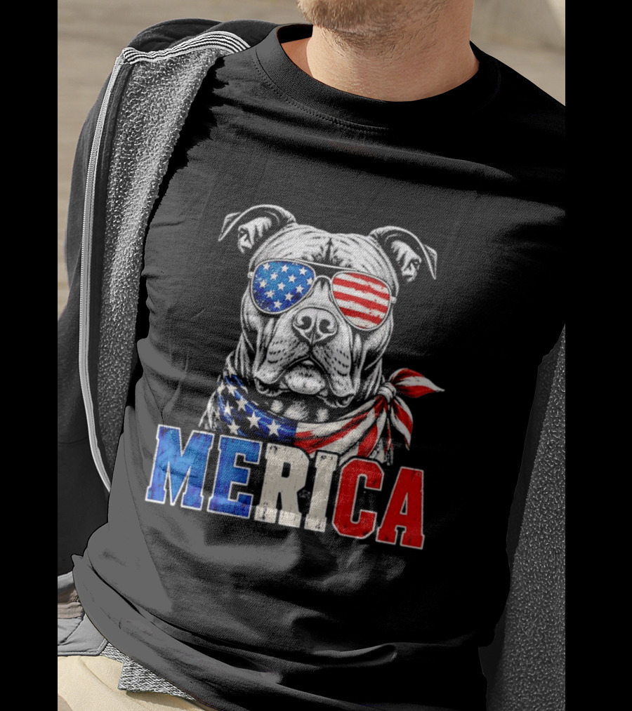 Patriotic Pit Bull Merica Dog With American Flag Sunglasses And Bandana T-Shirt