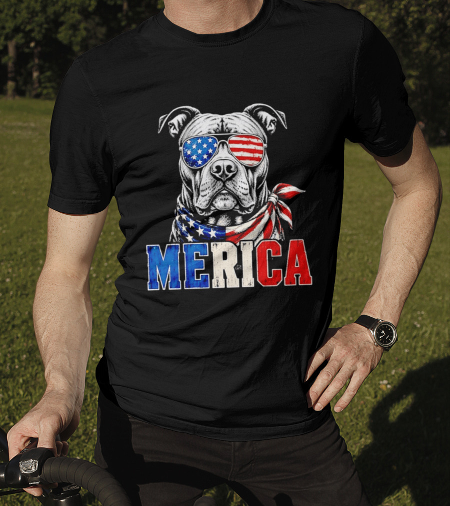 Patriotic Pit Bull Merica Dog With American Flag Sunglasses And Bandana T-Shirt