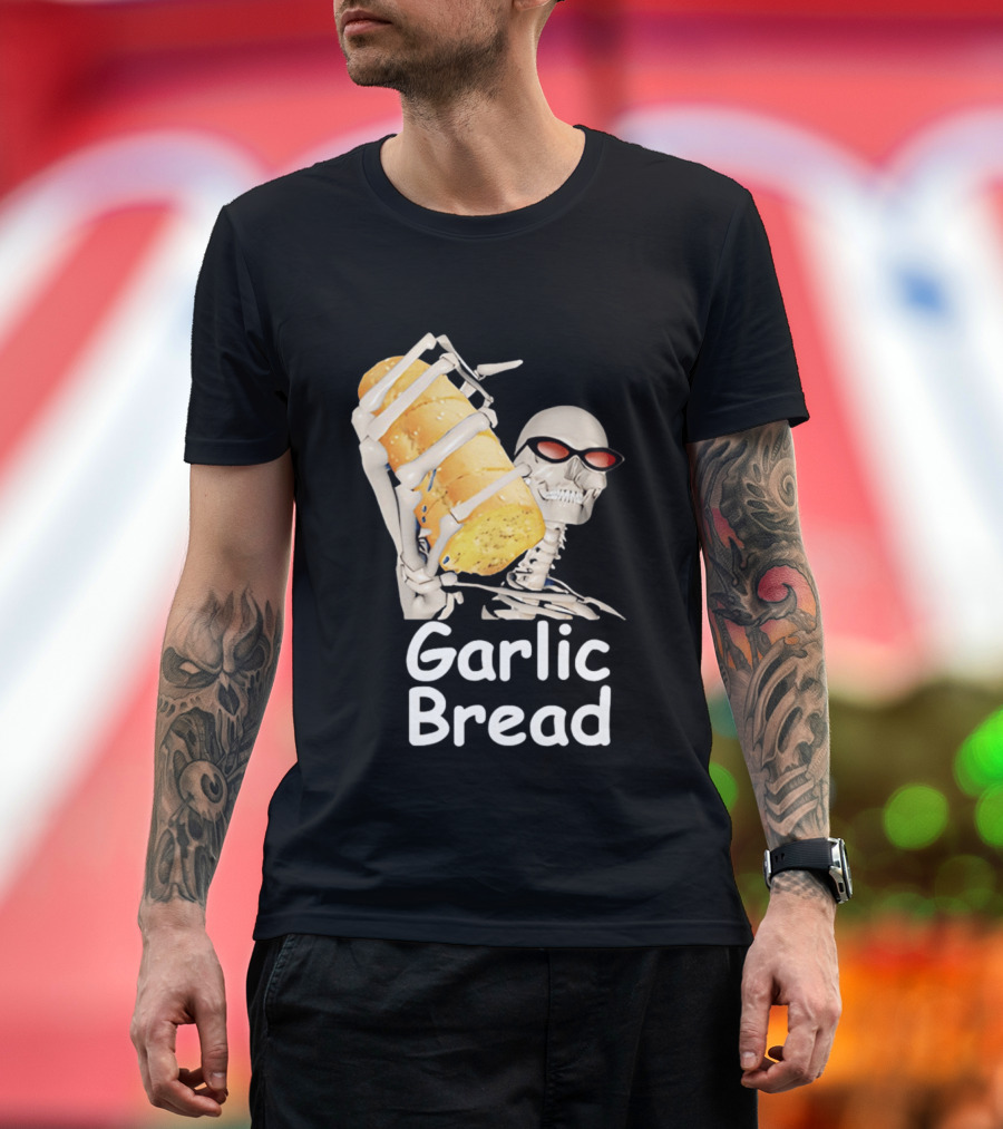 Skeleton Holding Baguette Garlic Bread Wearing Sunglasses T-Shirt