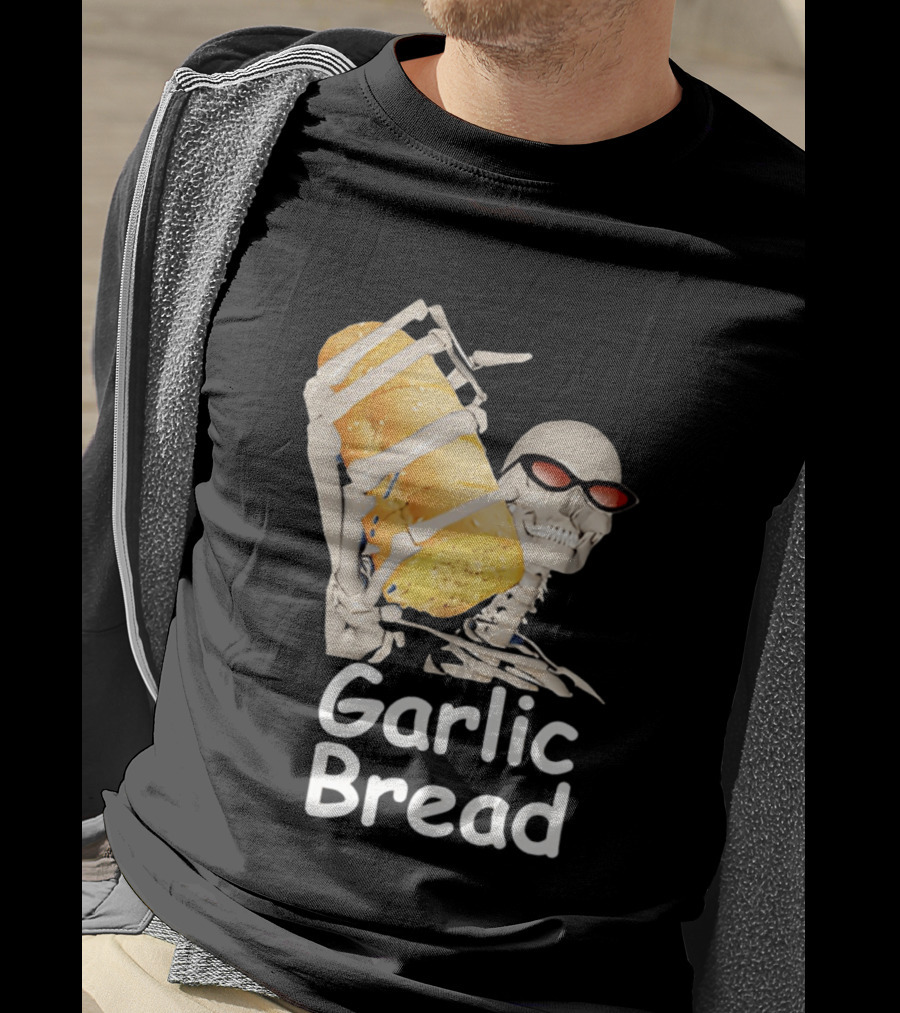 Skeleton Holding Baguette Garlic Bread Wearing Sunglasses T-Shirt