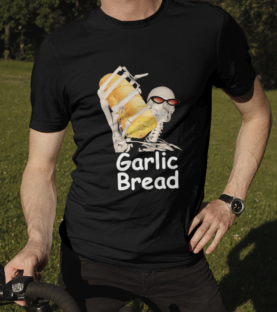 Skeleton Holding Baguette Garlic Bread Wearing Sunglasses T-Shirt