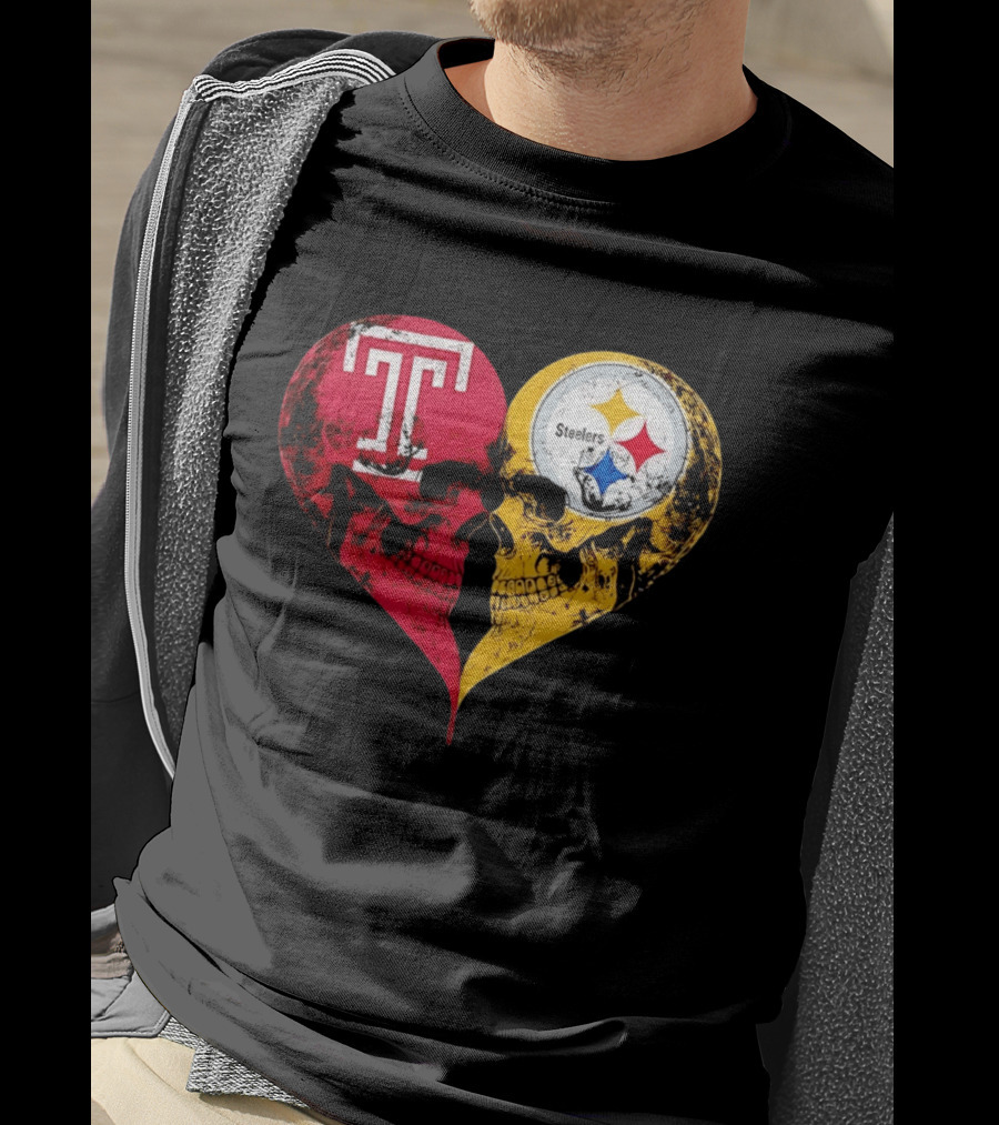 Temple Owls Pittsburgh Steelers Skulls Heart Shape Distressed T-Shirt