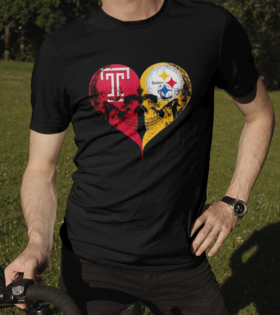 Temple Owls Pittsburgh Steelers Skulls Heart Shape Distressed T-Shirt