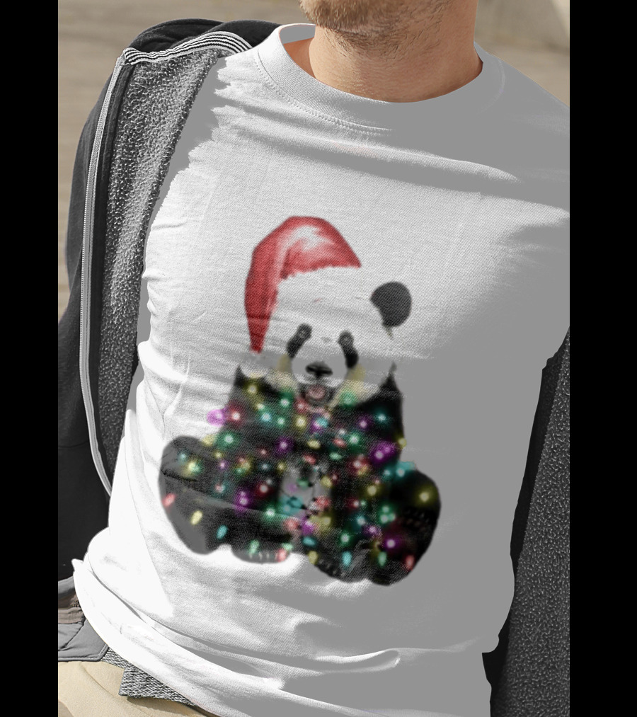 Panda With Christmas Lights And Santa Hat Holiday Animals T-Shirt