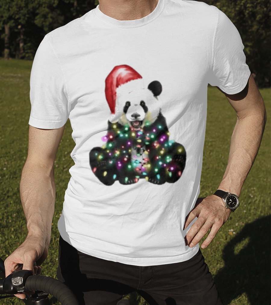 Panda With Christmas Lights And Santa Hat Holiday Animals T-Shirt