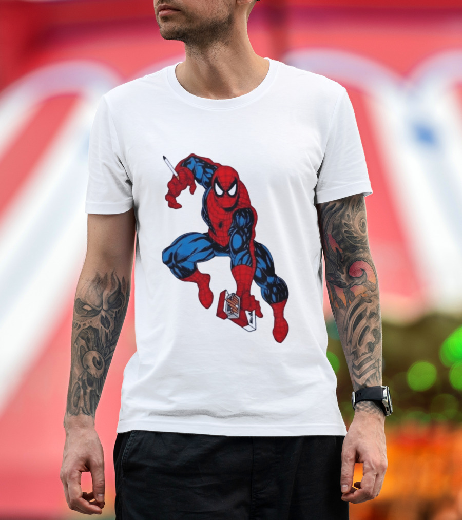 Marlboro Spider Man Crouching Holding Cigarette Packcartoon T-Shirt