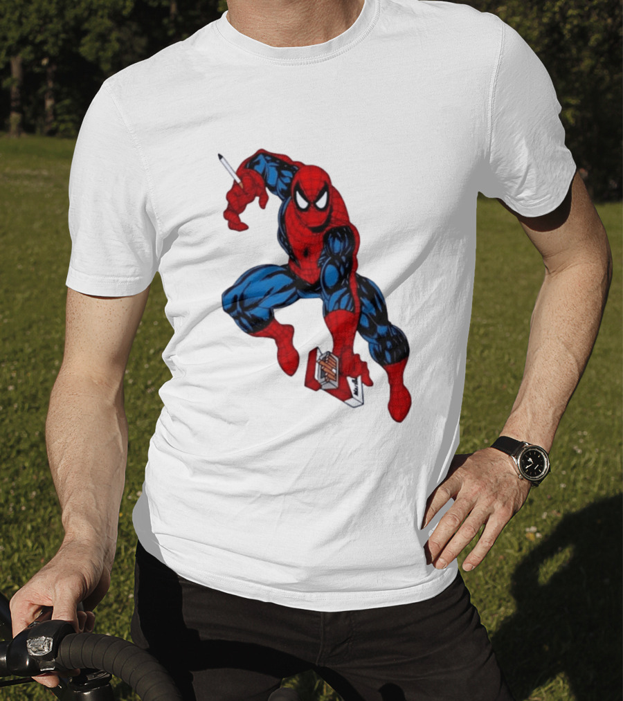 Marlboro Spider Man Crouching Holding Cigarette Packcartoon T-Shirt