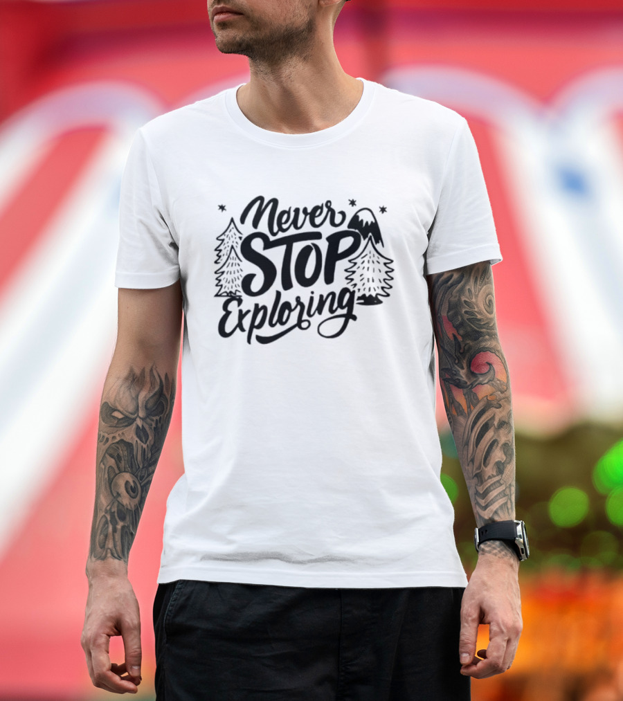 Never Stop Exploring Pine Trees Snowy Mountain Peak Stars T-Shirt