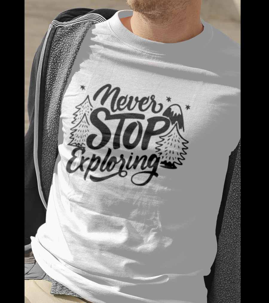 Never Stop Exploring Pine Trees Snowy Mountain Peak Stars T-Shirt