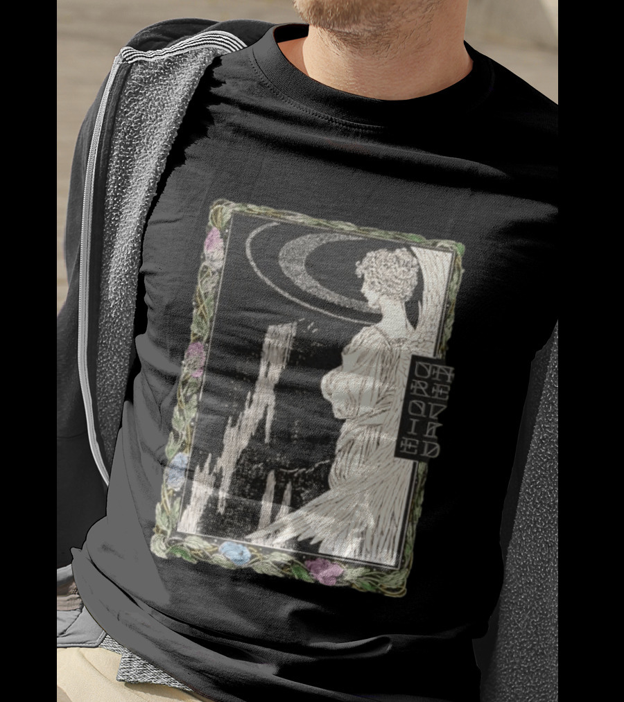 Angel Nouveau Unraveled Floral Frame Illustrative Art Winged Celestial Figure T-Shirt