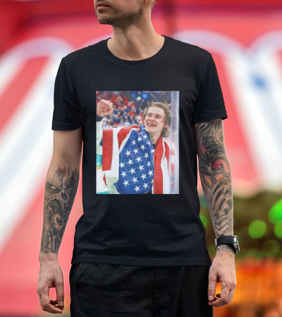 Jack Hughes USA Hockey World Champs 2026 Victory Celebration American Flag T-Shirt