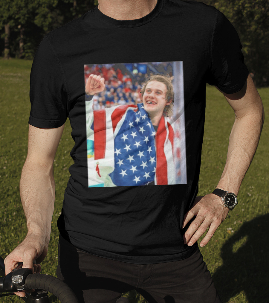 Jack Hughes USA Hockey World Champs 2026 Victory Celebration American Flag T-Shirt