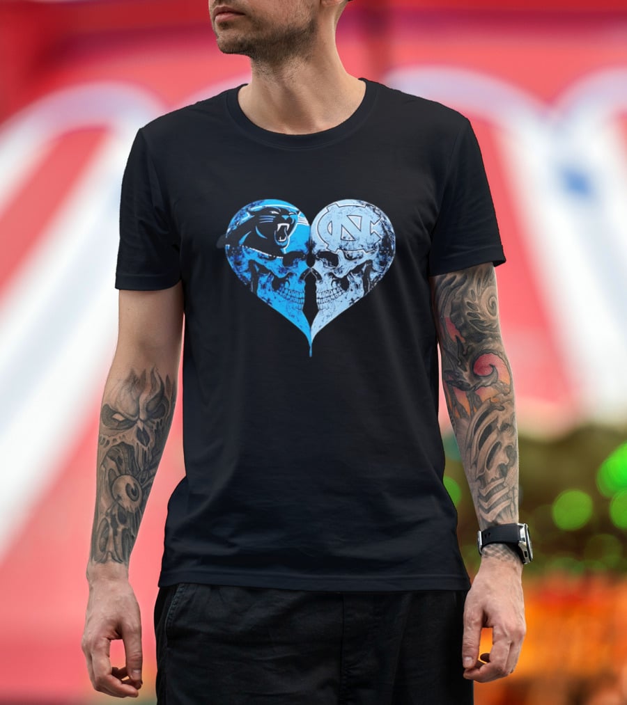 Carolina Panthers North Carolina Tar Heels Skulls Face To Face Heart Shape T-Shirt