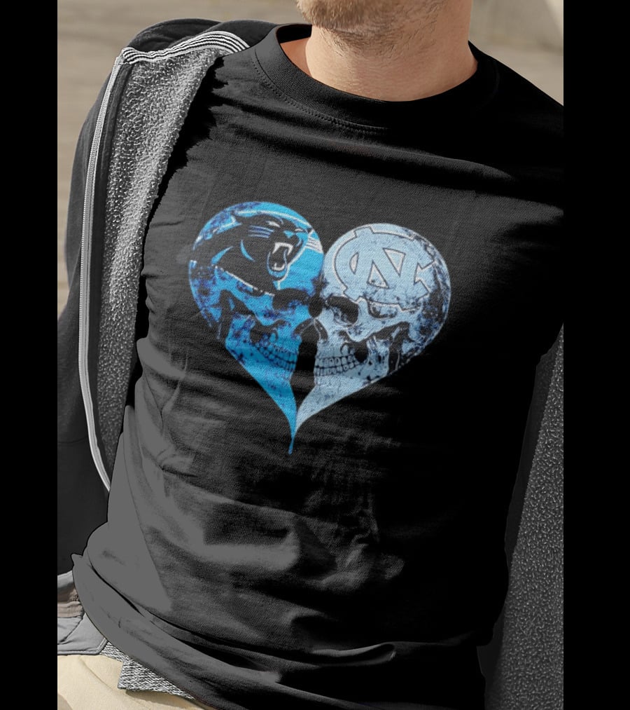 Carolina Panthers North Carolina Tar Heels Skulls Face To Face Heart Shape T-Shirt