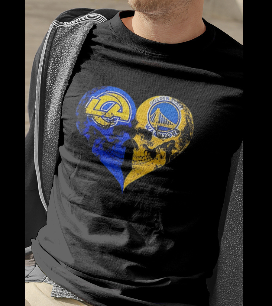 Los Angeles Rams Golden State Warriors Heart Shaped Skulls Distressed T-Shirt
