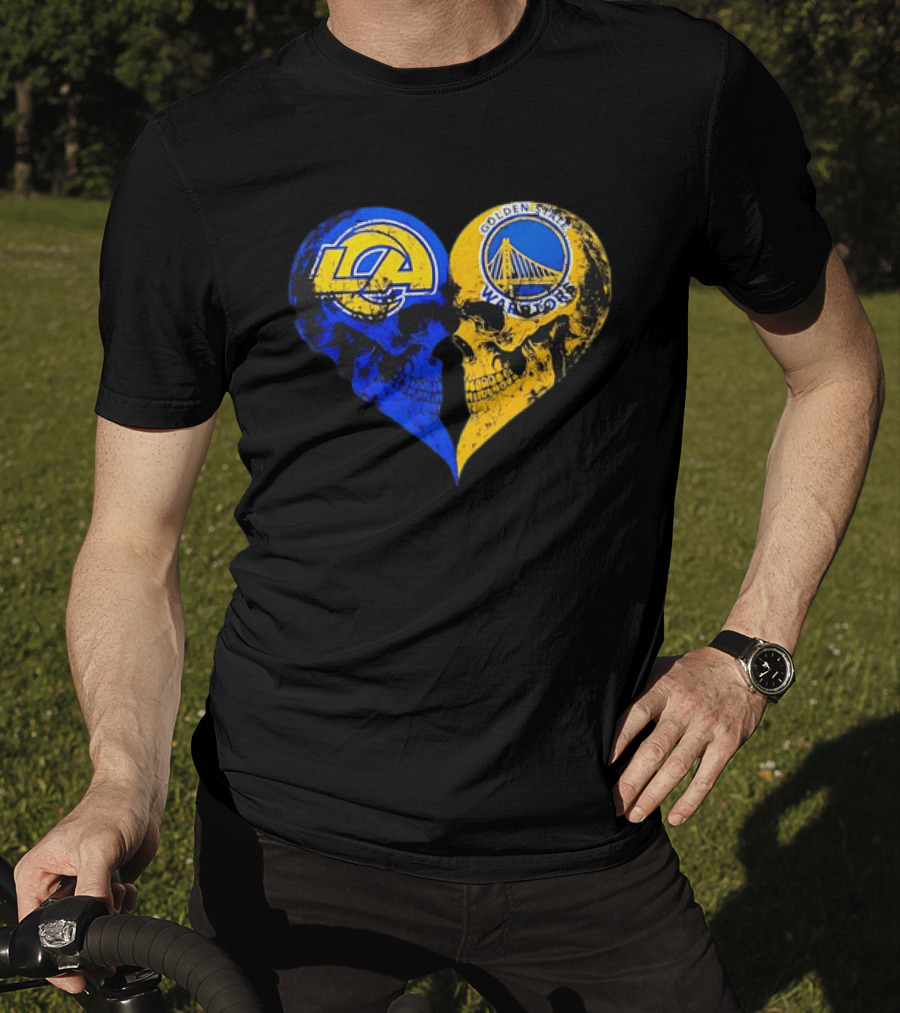 Los Angeles Rams Golden State Warriors Heart Shaped Skulls Distressed T-Shirt
