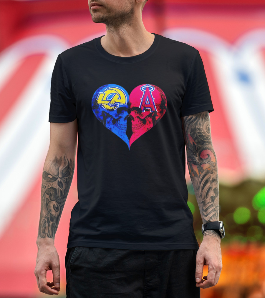 Los Angeles Rams Vs Los Angeles Angels Skulls Heart Face To Face Distressed T-Shirt