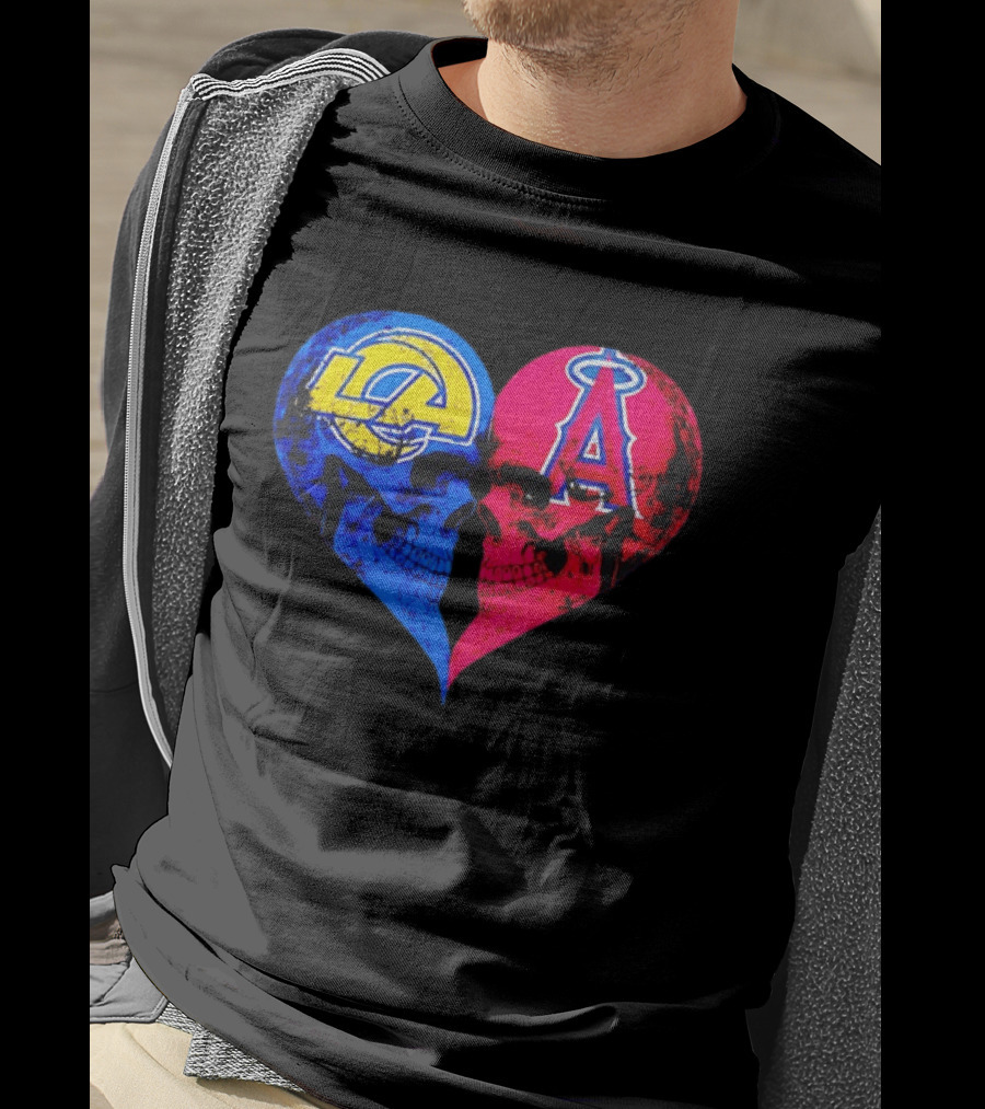 Los Angeles Rams Vs Los Angeles Angels Skulls Heart Face To Face Distressed T-Shirt