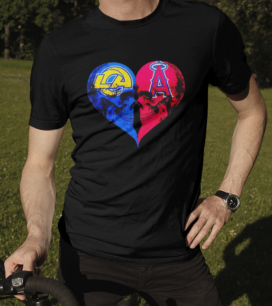 Los Angeles Rams Vs Los Angeles Angels Skulls Heart Face To Face Distressed T-Shirt