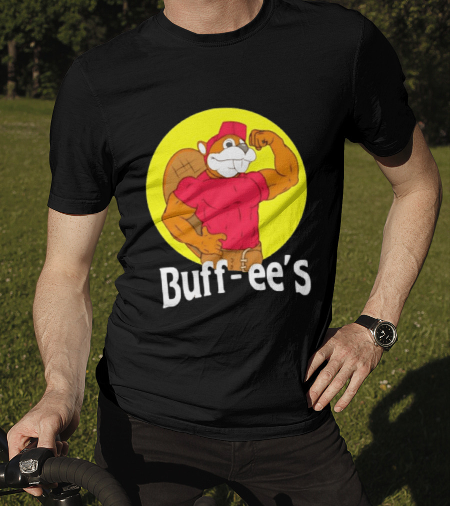 Buff Ee's Strong Muscular Beaver Character In Red Outfit T-Shirt