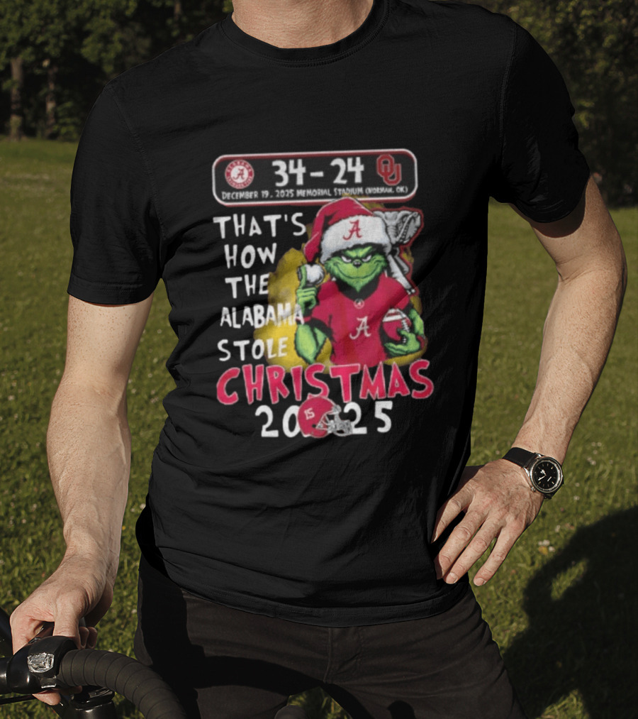 Grinch Santa Alabama Crimson Tide 34 24 Oklahoma Sooners That's How The Alabama Stole Christmas 2025 T-Shirt