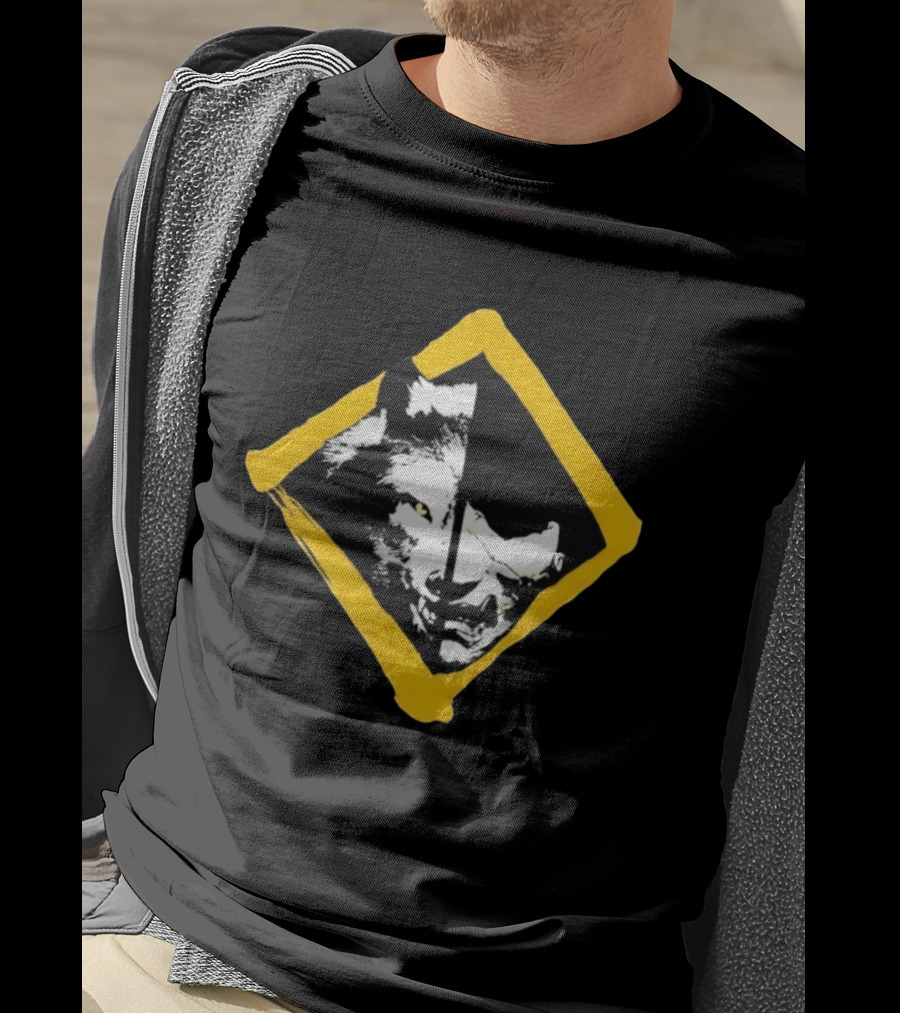 Wolf And Boar Split Face Diamond Yellow Border T-Shirt