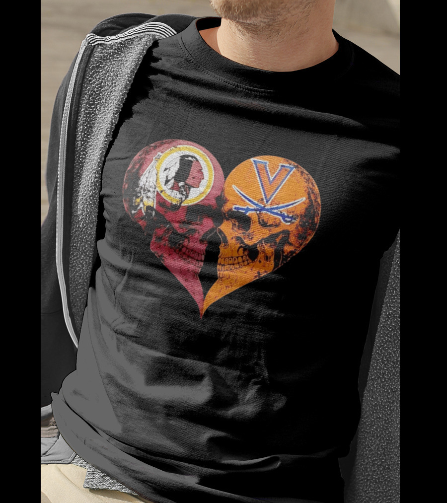 Washington Redskins Virginia Cavaliers Skulls Face To Face Heart Shape Distressed T-Shirt