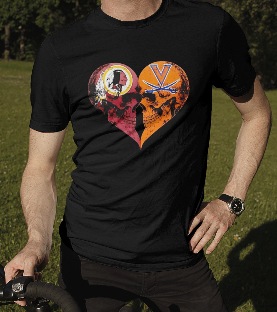 Washington Redskins Virginia Cavaliers Skulls Face To Face Heart Shape Distressed T-Shirt