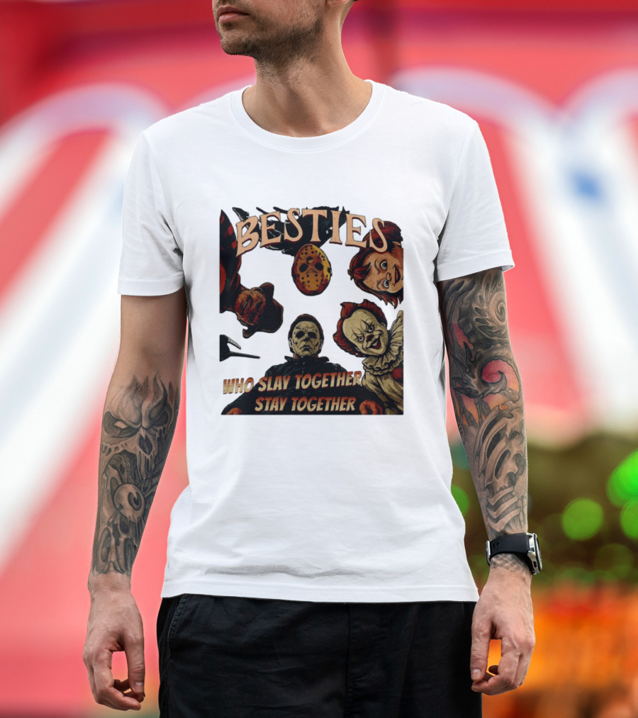 BESTIES Horror Movie Characters Mask Iconic Slayers Pennywise Knife Doll Together T-Shirt