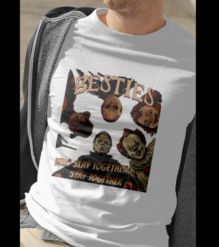 BESTIES Horror Movie Characters Mask Iconic Slayers Pennywise Knife Doll Together T-Shirt