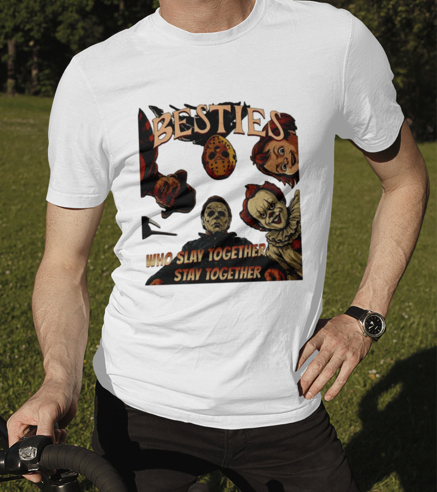 BESTIES Horror Movie Characters Mask Iconic Slayers Pennywise Knife Doll Together T-Shirt
