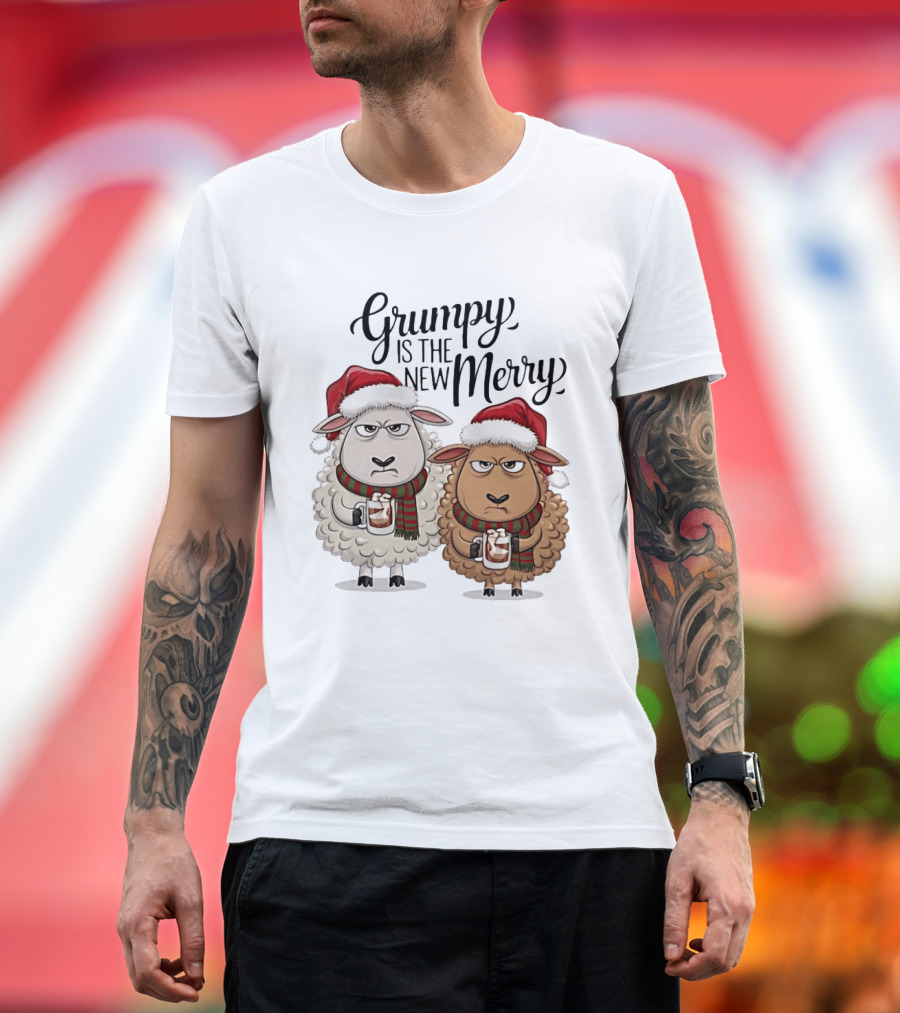 Grumpy Is The New Merry Christmas Sheep Santa Hat Holiday Humor T-Shirt