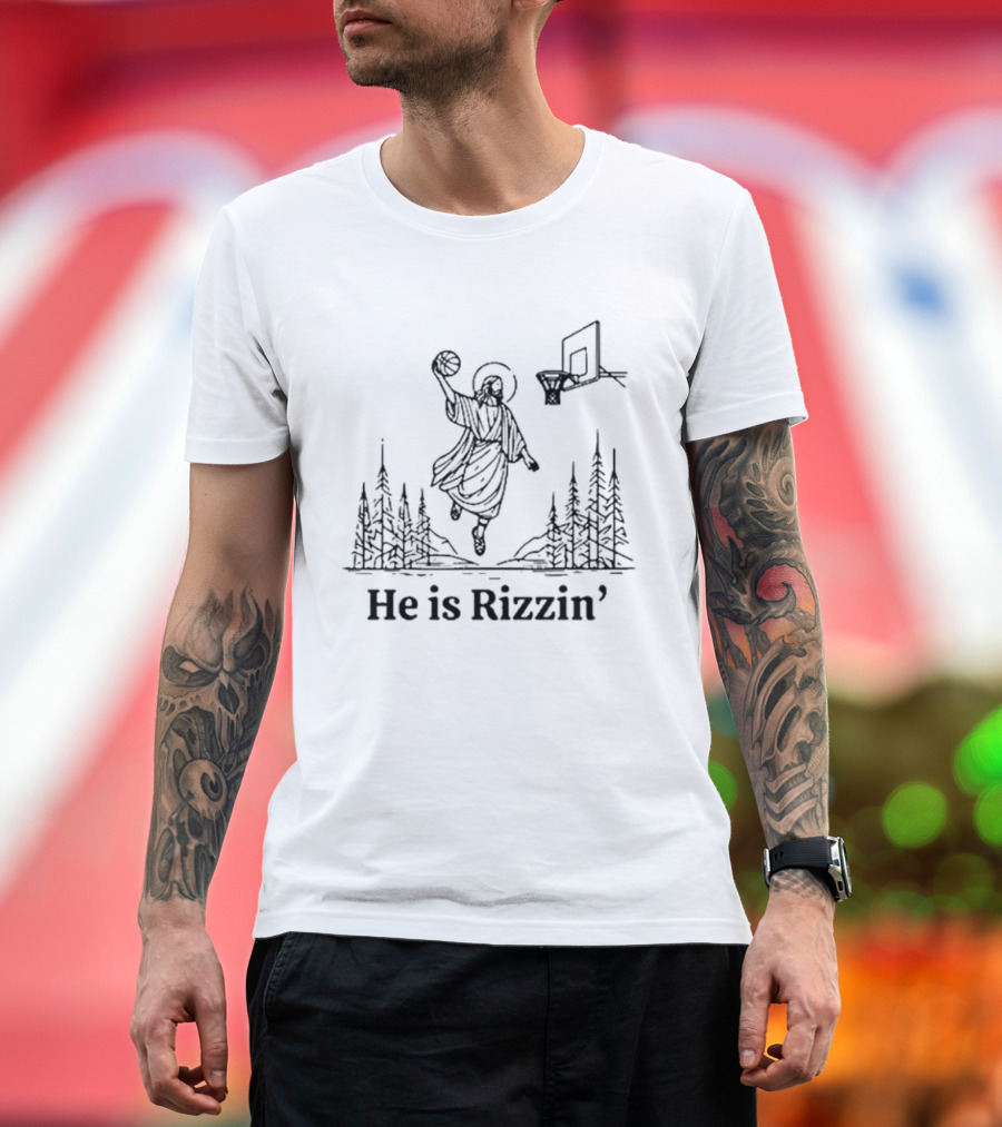 He Is Rizzin Basketball Angel Easter Forest Scene T-Shirt